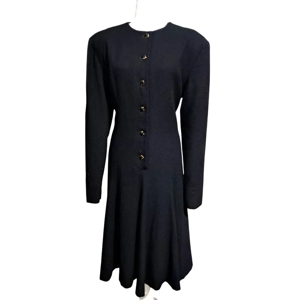 Vintage Anne Klein Wool Dress Womens Size 14 Glass Rivoli Buttons‎ Fit and Flare